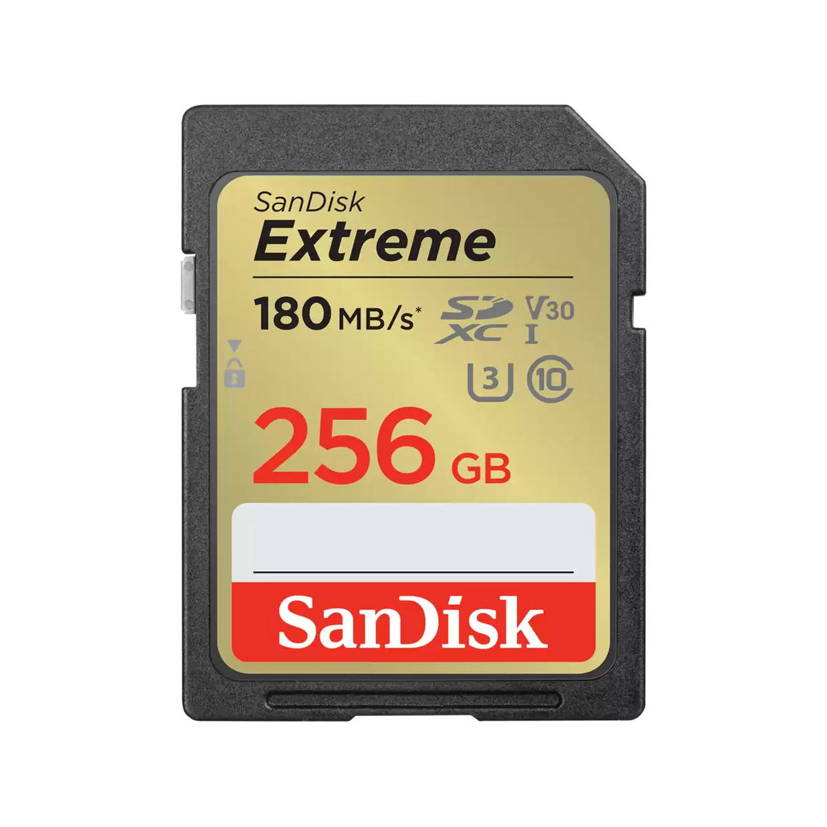 SanDisk 256GB Extreme SDXC UHS-I memory card, front view